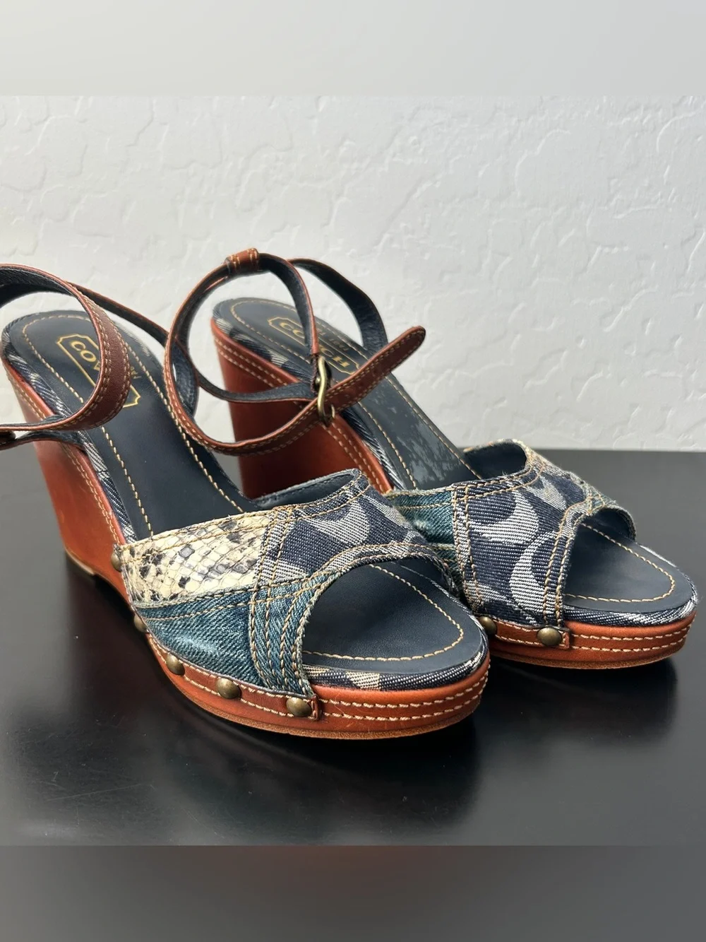 Coach Lynda Denim and Snakskin Patchwork Wedge